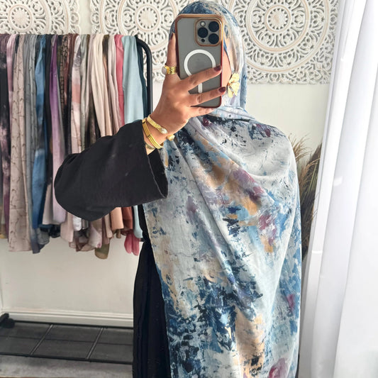 Water coloured Modal Printed Blue Villiage Hijab